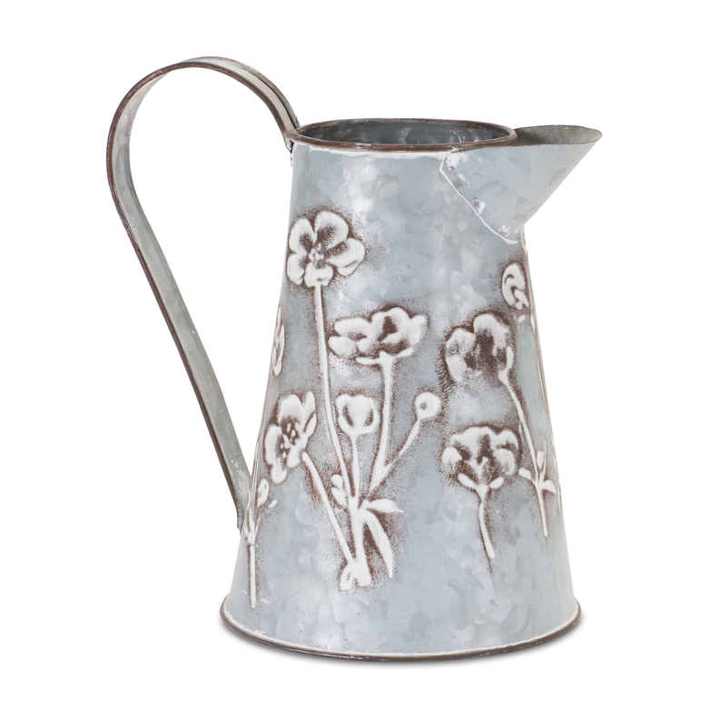 Floral Stamped Metal Pitcher Vase