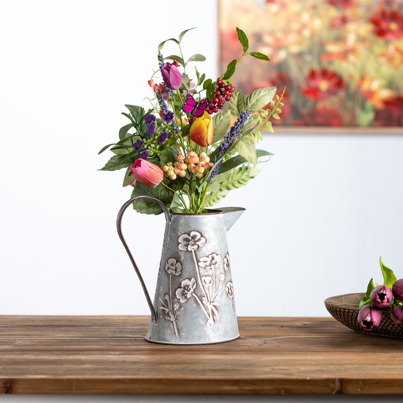 Floral Stamped Metal Pitcher Vase