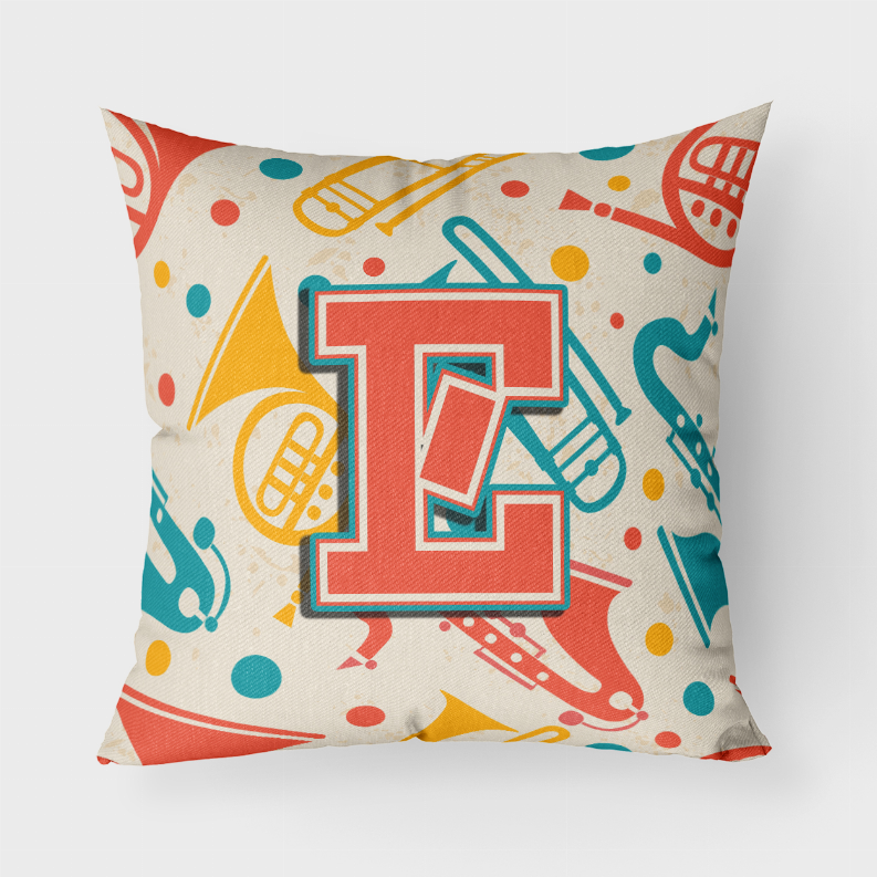 Letter Retro Teal Orange Musical Instruments Initial Fabric Decorative Pillow