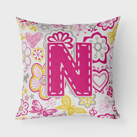 Letter Flowers and Butterflies Pink Fabric Decorative Pillow