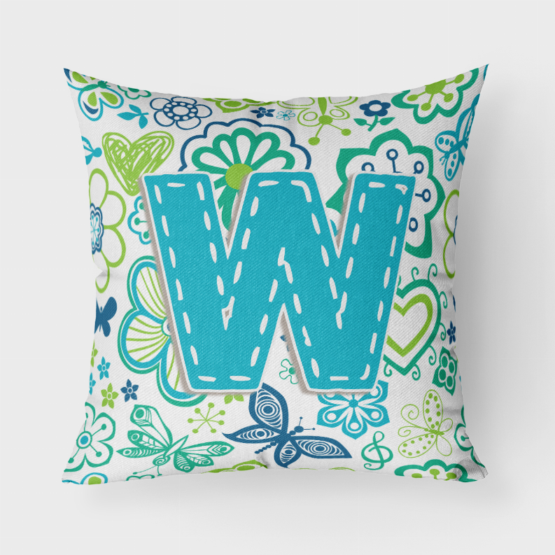 Letter Flowers and Butterflies Teal Blue Fabric Decorative Pillow