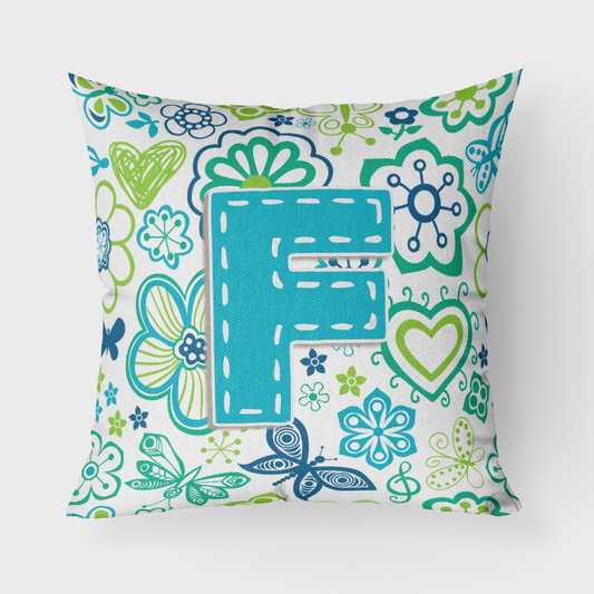 Letter Flowers and Butterflies Teal Blue Fabric Decorative Pillow