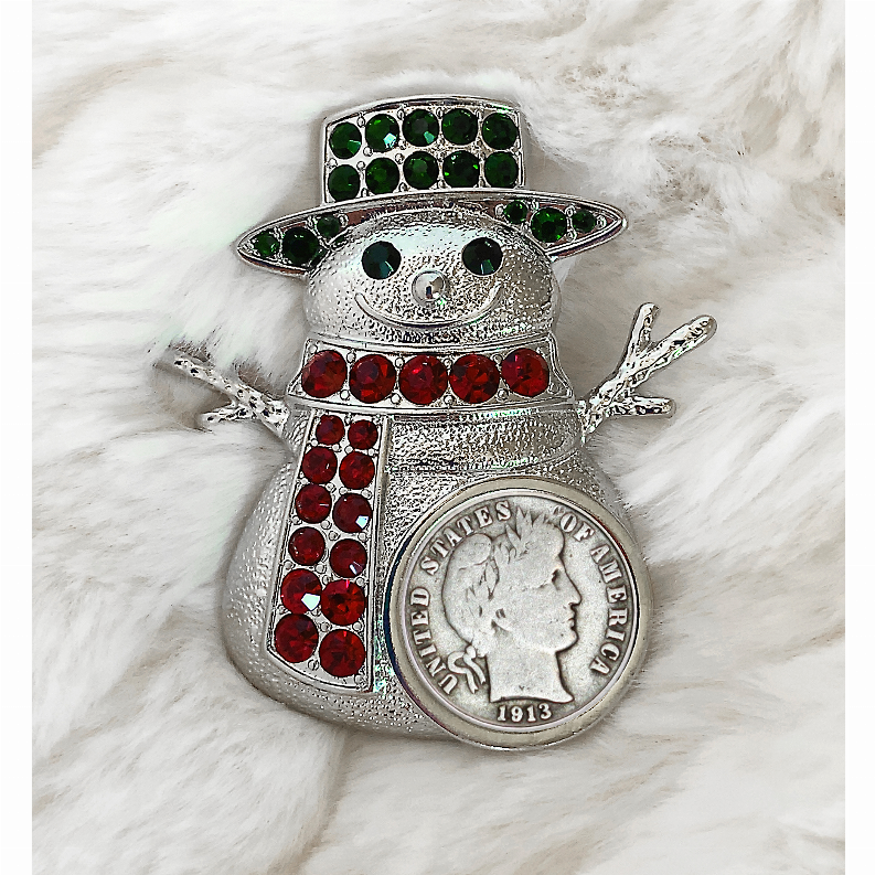 Barber Dime Coin Snowman Brooch