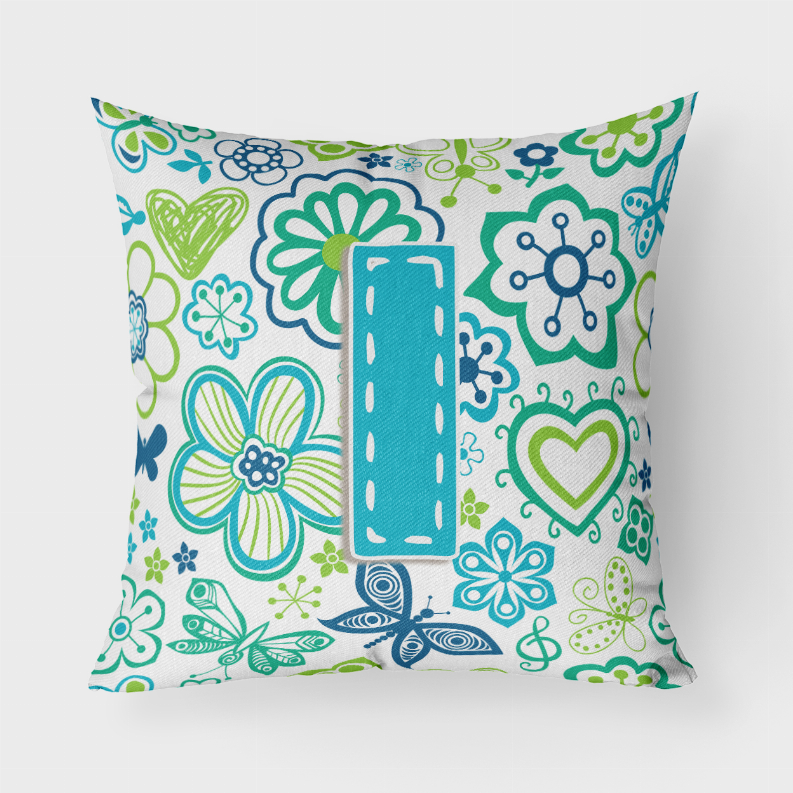 Letter Flowers and Butterflies Teal Blue Fabric Decorative Pillow