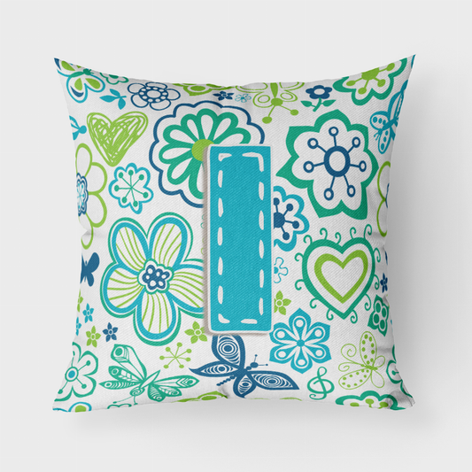 Letter Flowers and Butterflies Teal Blue Fabric Decorative Pillow