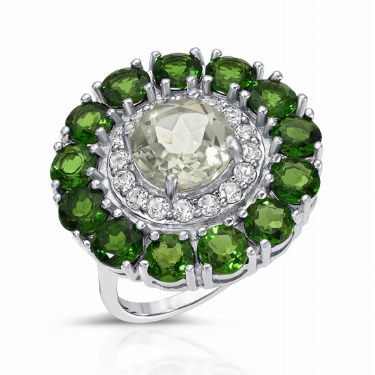 6.50 Carat Genuine Green Amethyst, Chrome Diopside and White Topaz .925 Sterling Silver Ring