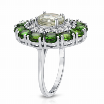 6.50 Carat Genuine Green Amethyst, Chrome Diopside and White Topaz .925 Sterling Silver Ring