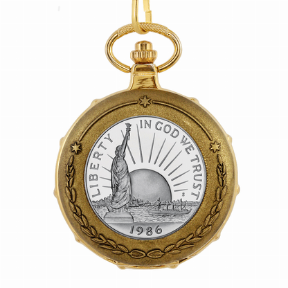 Statue of Liberty Commemorative Half Dollar Train Coin Pocket Watch