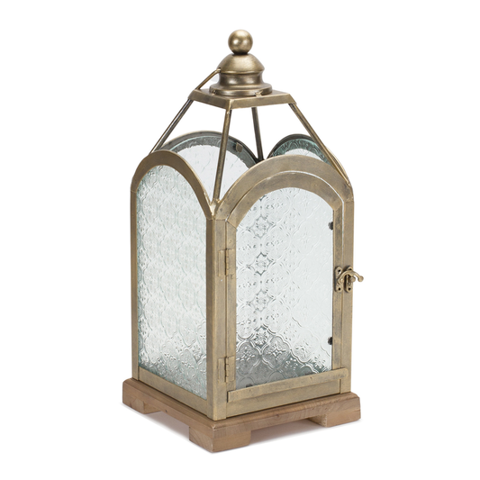 Pewter Metal Lantern with Ornate Glass