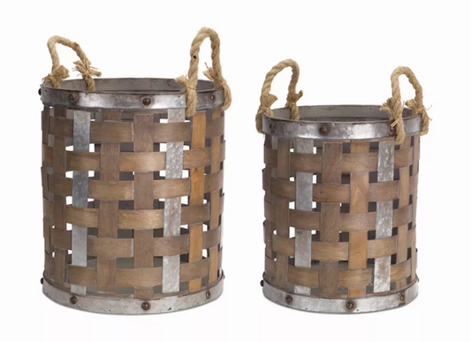 Pail with Rope Handle (Set of 2) 15.5"H, 18"H Wood/Metal