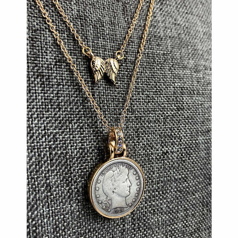 Barber Dime Pendant With Double Chain With Angel Wings