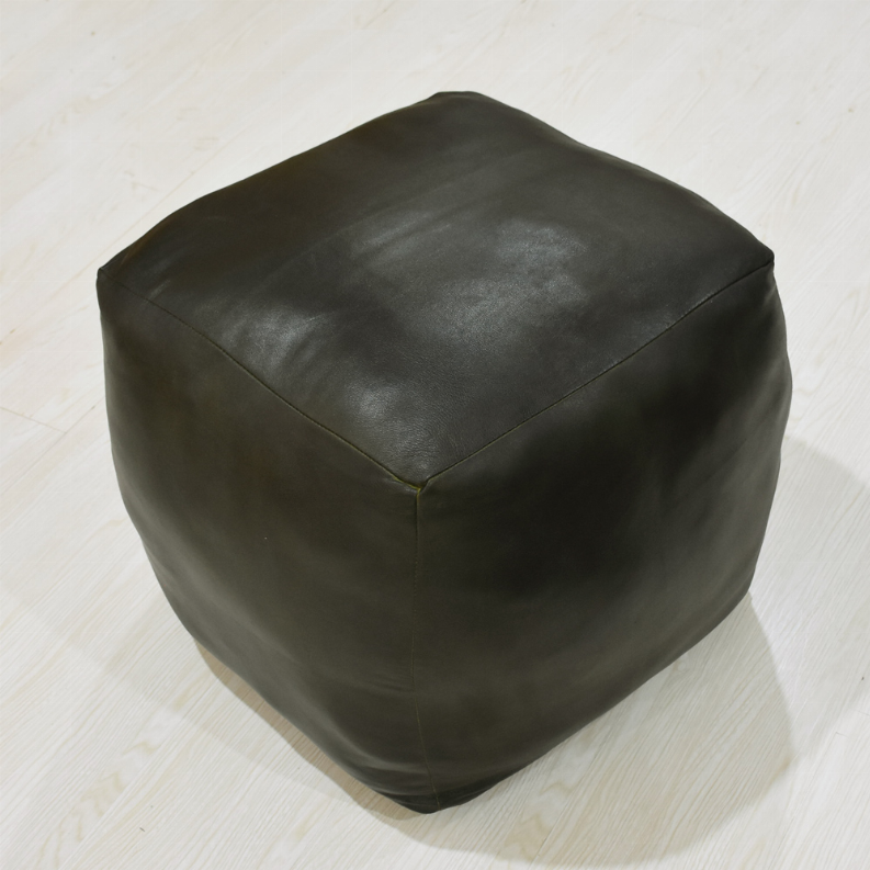 Solid Handmade Goat Leather Square Pouf (Recycled Cotton Fill)