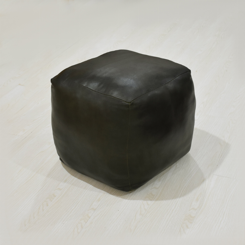 Solid Handmade Goat Leather Square Pouf (Recycled Cotton Fill)