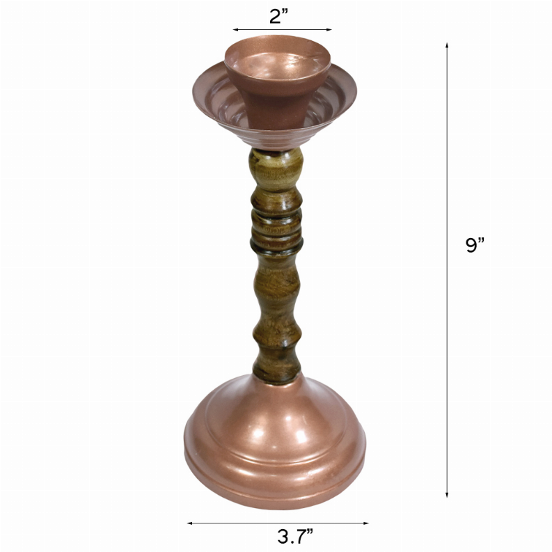 Handmade Bronze Color Coated Iron & Wood Traditional Pillar Inches Candle Holder