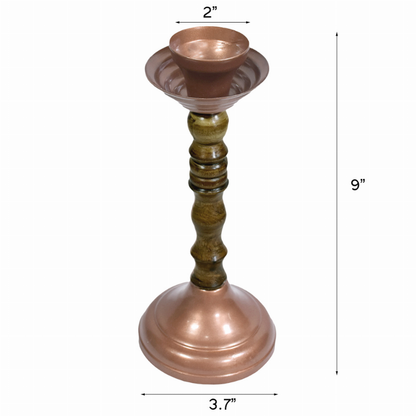 Handmade Bronze Color Coated Iron & Wood Traditional Pillar Inches Candle Holder