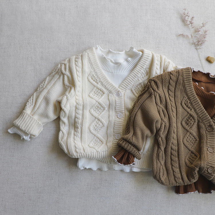 Baby Crochet Kint Pattern Solid Color V-Neck Single Breasted Cardigan