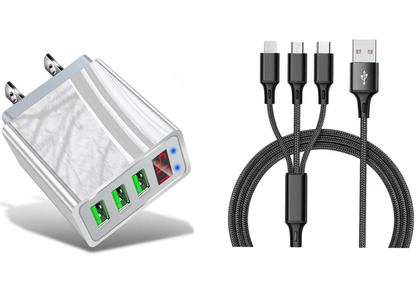 3 port LED Display High Speed Wall Charger White + 3 in 1 Cable Combo