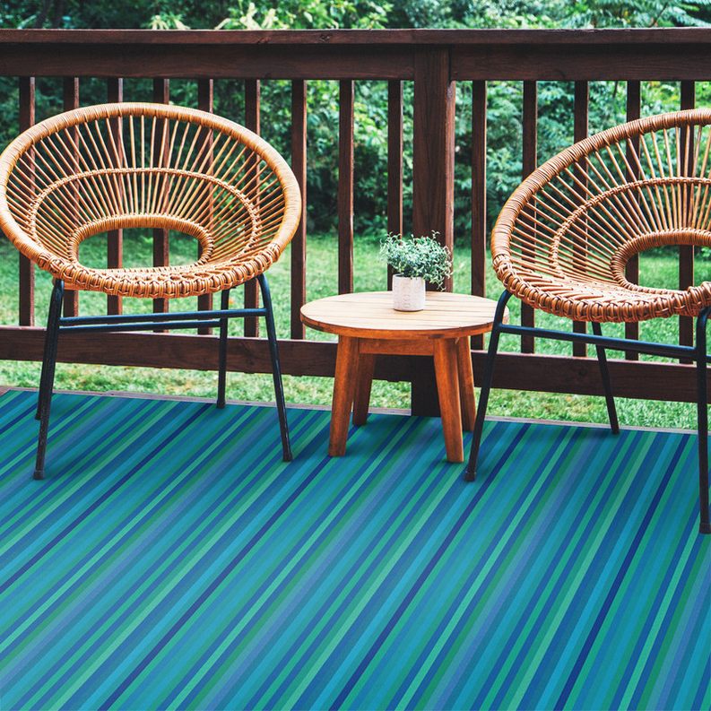 'Cabana' Teal Striped Non-Slip Indoor/Outdoor Rug