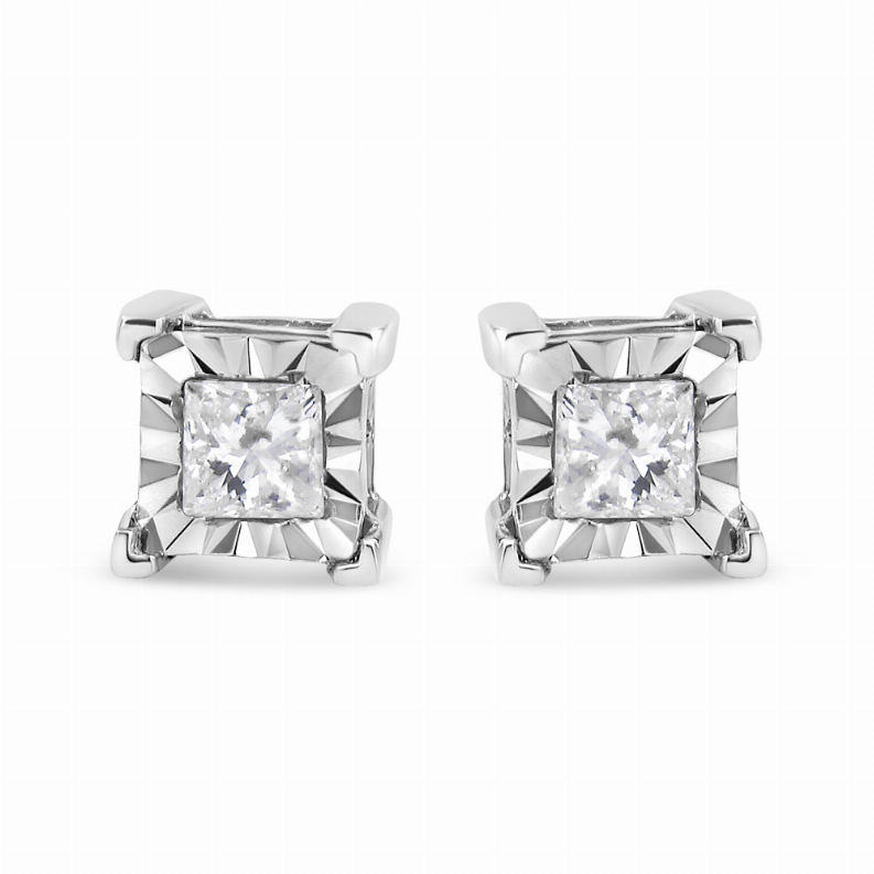 .925 Sterling Silver 1/2 Carat Total Weight Miracle Set Princess-cut Diamond Solitaire Stud Earrings