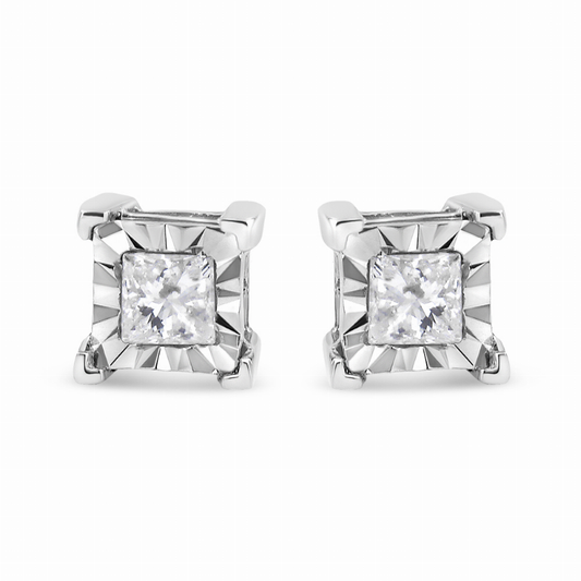 .925 Sterling Silver 1/2 Carat Total Weight Miracle Set Princess-cut Diamond Solitaire Stud Earrings