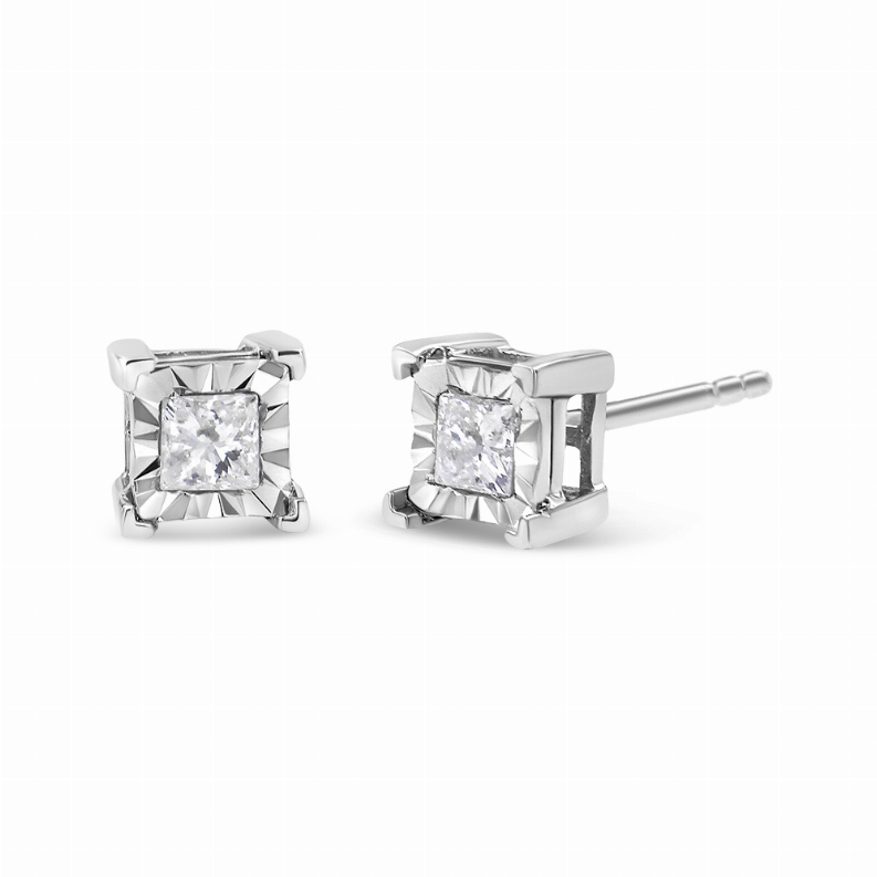 .925 Sterling Silver 1/2 Carat Total Weight Miracle Set Princess-cut Diamond Solitaire Stud Earrings