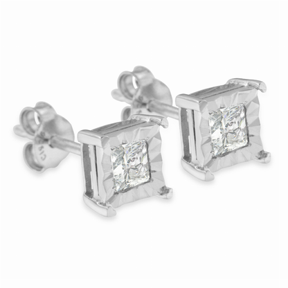 .925 Sterling Silver 1/2 Carat Total Weight Miracle Set Princess-cut Diamond Solitaire Stud Earrings