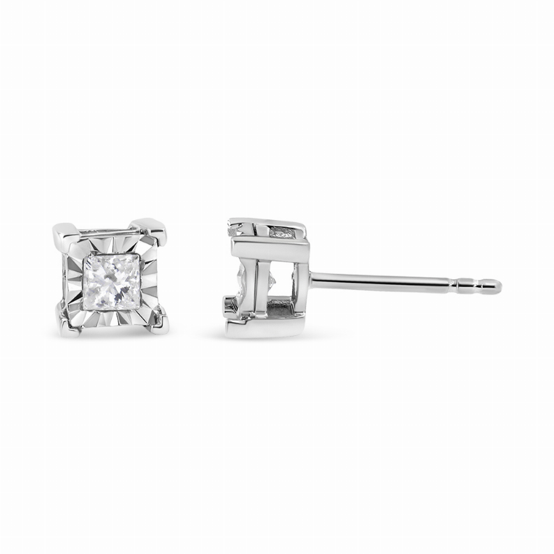 .925 Sterling Silver 1/2 Carat Total Weight Miracle Set Princess-cut Diamond Solitaire Stud Earrings