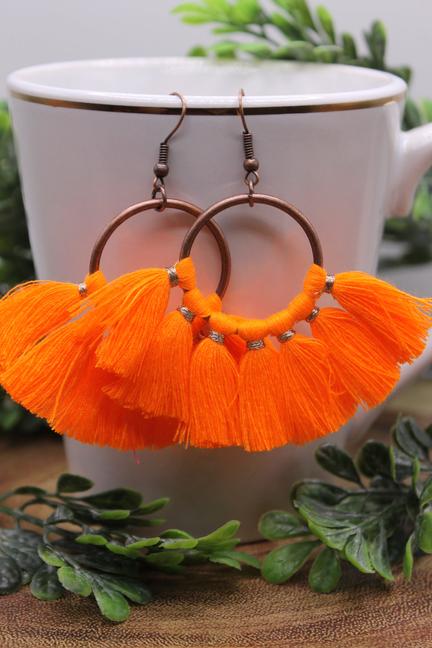 Neon Orange Tassel || Dangle Earrings || Hypoallergenic