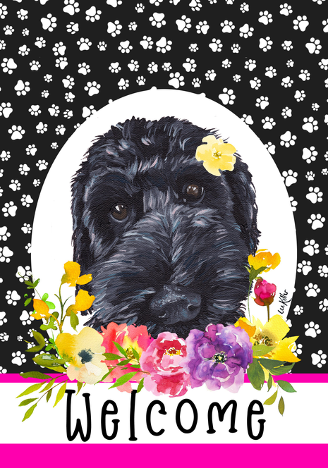 Labradoodle Black - Hippie Hound Studios Paw Prints  House and Garden Flags