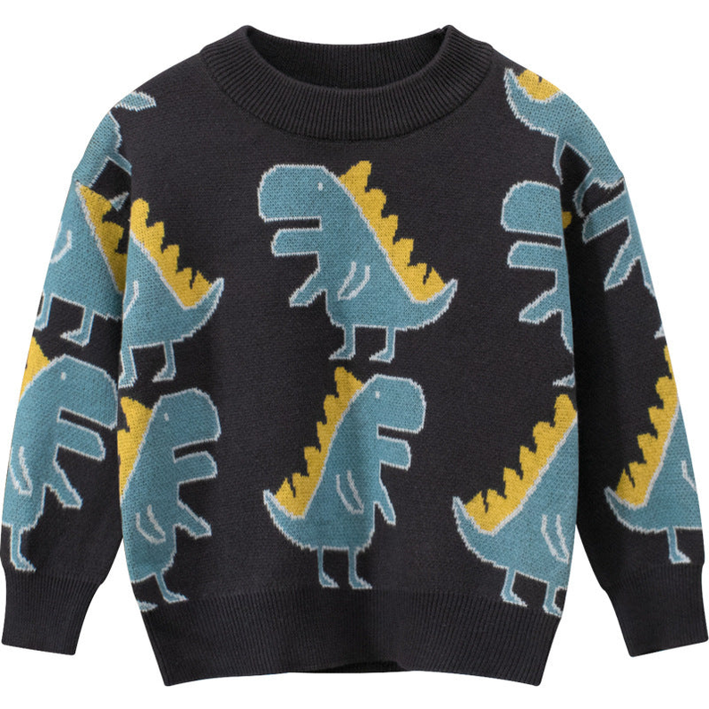 Baby All Over Cartoon Dinosaur Graphic Long Sleeves Pullover Knitting Sweater