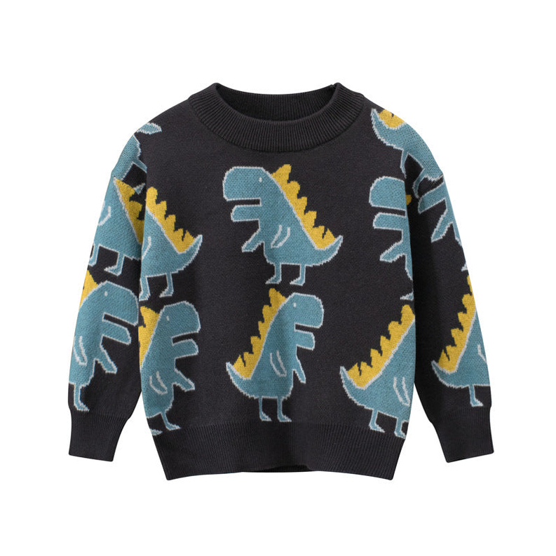 Baby All Over Cartoon Dinosaur Graphic Long Sleeves Pullover Knitting Sweater