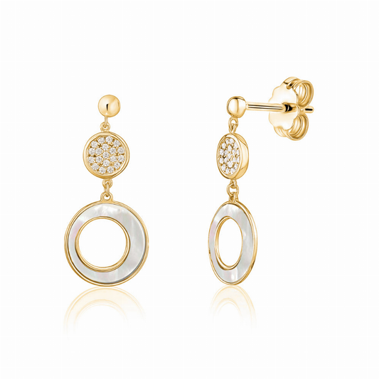 14K Yellow Gold Round Circle Disc Post Dangle Earrings with Mother of Pearl and Simulated Diamonds Italy