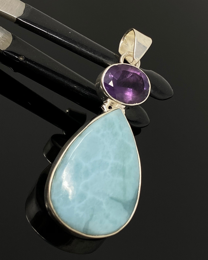 Natural Larimar and Amethyst Gemstone Pendant, Sterling Silver Jewelry, Larimar Pendant, Amethyst Pendant, Bohemian Jewelry