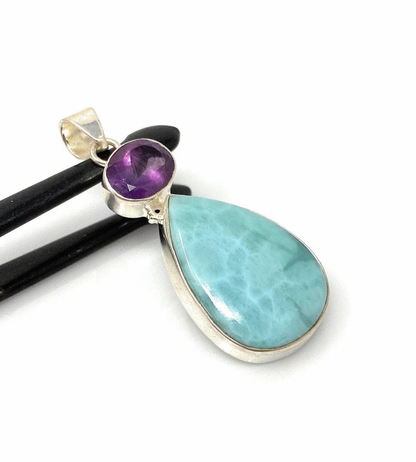 Natural Larimar and Amethyst Gemstone Pendant, Sterling Silver Jewelry, Larimar Pendant, Amethyst Pendant, Bohemian Jewelry