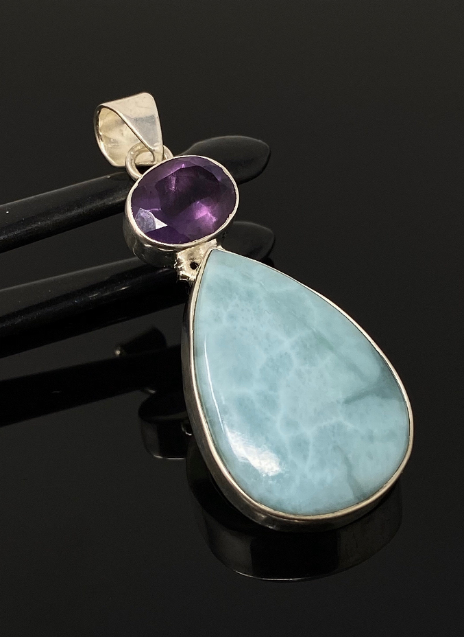 Natural Larimar and Amethyst Gemstone Pendant, Sterling Silver Jewelry, Larimar Pendant, Amethyst Pendant, Bohemian Jewelry