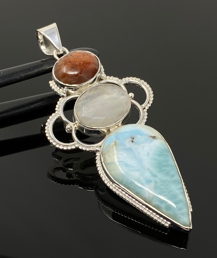 Gemstone Pendant - Larimar, Moonstone and Sunstone , Wire Wrapped Pendant, Silver Jewelry Gifts for Her, Bohemian Jewelry