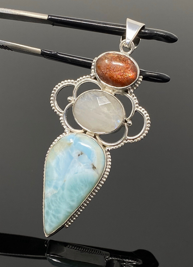 Gemstone Pendant - Larimar, Moonstone and Sunstone , Wire Wrapped Pendant, Silver Jewelry Gifts for Her, Bohemian Jewelry