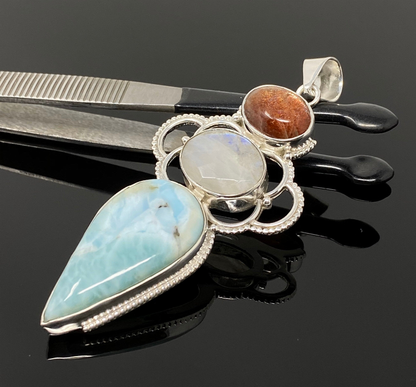 Gemstone Pendant - Larimar, Moonstone and Sunstone , Wire Wrapped Pendant, Silver Jewelry Gifts for Her, Bohemian Jewelry