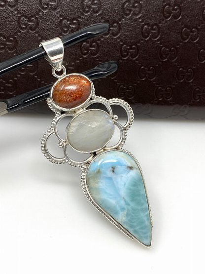 Gemstone Pendant - Larimar, Moonstone and Sunstone , Wire Wrapped Pendant, Silver Jewelry Gifts for Her, Bohemian Jewelry