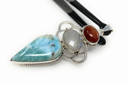 Gemstone Pendant - Larimar, Moonstone and Sunstone , Wire Wrapped Pendant, Silver Jewelry Gifts for Her, Bohemian Jewelry