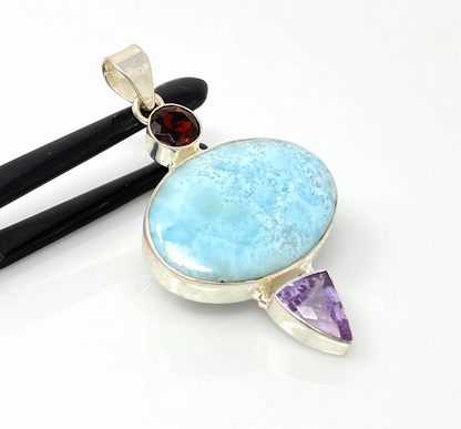 Natural Larimar, Garnet and  Amethyst Gemstone Pendant, Sterling Silver Jewelry, Larimar Pendant, Amethyst Pendant, Bohemian Jewelry