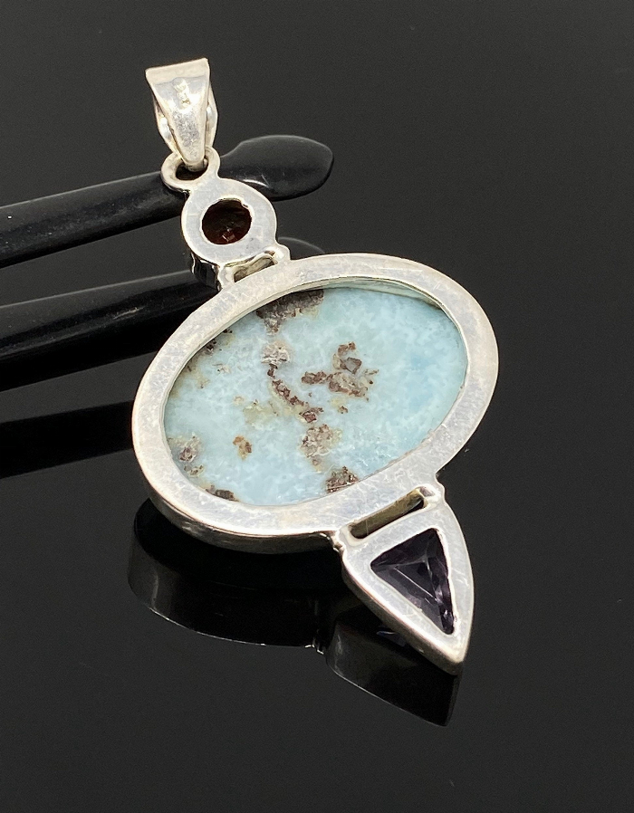 Natural Larimar, Garnet and  Amethyst Gemstone Pendant, Sterling Silver Jewelry, Larimar Pendant, Amethyst Pendant, Bohemian Jewelry