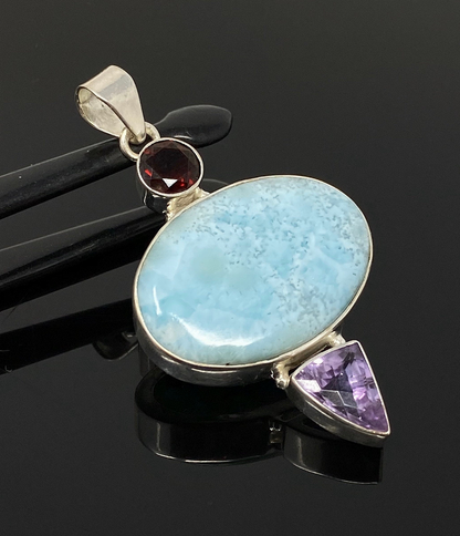 Natural Larimar, Garnet and  Amethyst Gemstone Pendant, Sterling Silver Jewelry, Larimar Pendant, Amethyst Pendant, Bohemian Jewelry