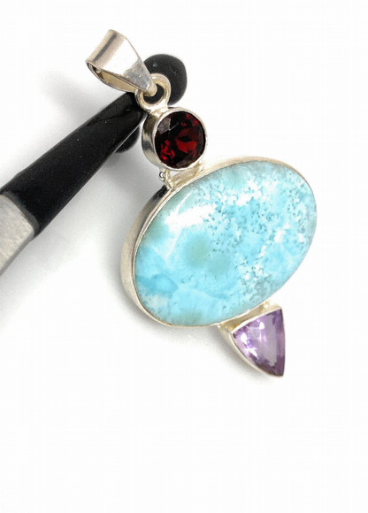 Natural Larimar, Garnet and  Amethyst Gemstone Pendant, Sterling Silver Jewelry, Larimar Pendant, Amethyst Pendant, Bohemian Jewelry