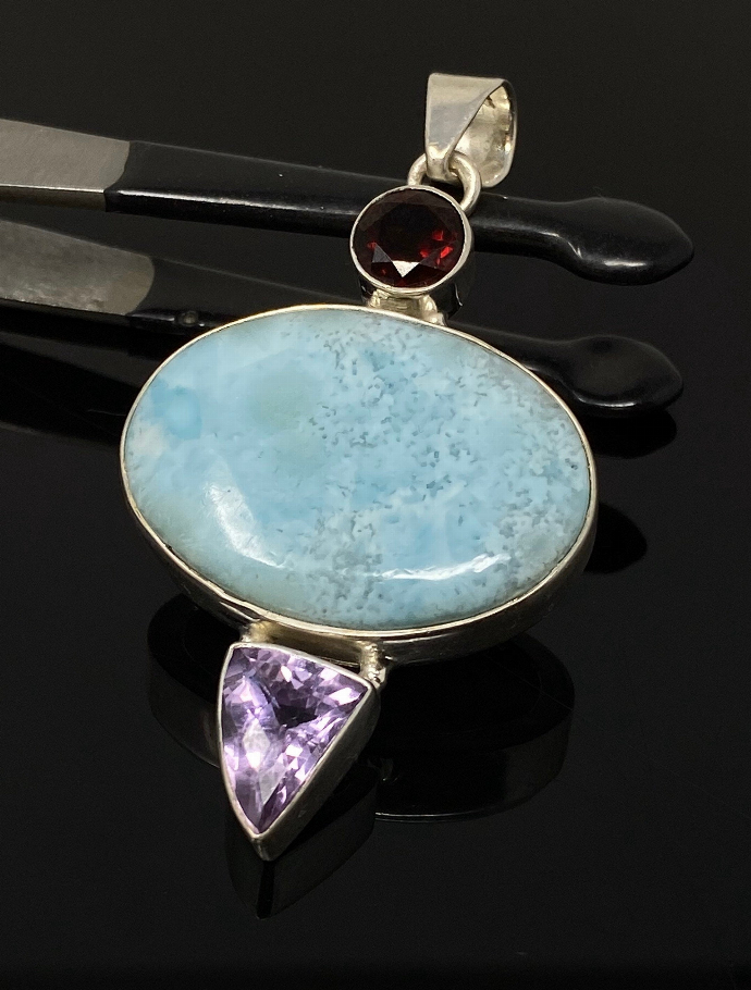 Natural Larimar, Garnet and  Amethyst Gemstone Pendant, Sterling Silver Jewelry, Larimar Pendant, Amethyst Pendant, Bohemian Jewelry