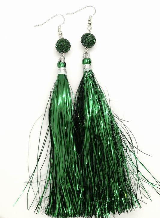 Christmas- Long Evergreen Pave' Tinsel Earrings