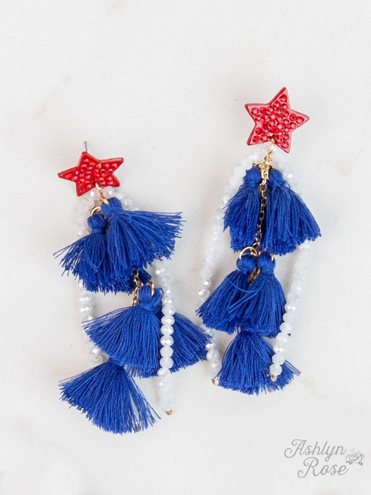 Watching Fireworks Tassel Earrings with Red Stone Studs