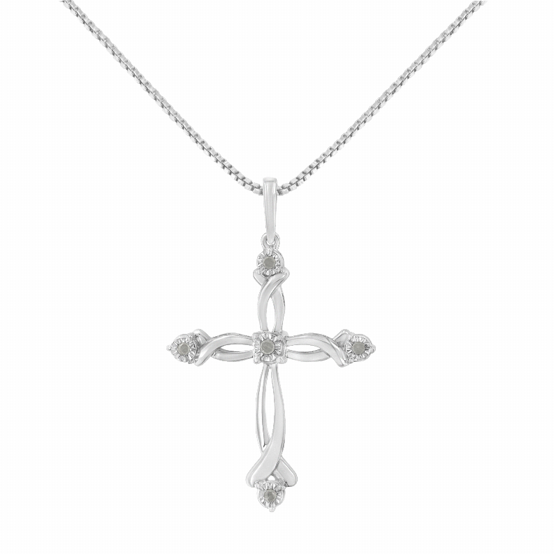 .925 Sterling Silver Round-Cut Diamond Accent Cross Pendant Necklace (1/15 Carat Total Weight, I-J Color, I3 Clarity)