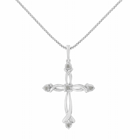 .925 Sterling Silver Round-Cut Diamond Accent Cross Pendant Necklace (1/15 Carat Total Weight, I-J Color, I3 Clarity)