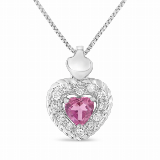 Sterling Silver 1/10carat Total Diamond Weight Pink Sapphire Heart and Diamond Heart Shape Pendant Necklace